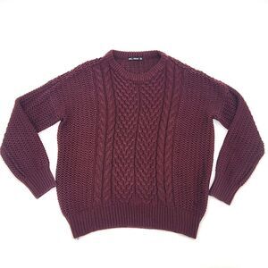 Zara Fisherman Sweater Womens Size Large Chunky Cable Knit Burgundy Red Grandpa